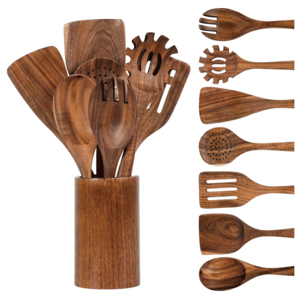 VAVSEA Thick Wooden Spoons for Cooking, 8 Pcs Natural Wooden Utensil for Cooking with Non-Stick, Heat Resistant, Wood Kitchen Utensil Set