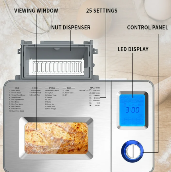5 VAVSEA 25 in 1 Bread Maker Machine, 2LB Bread Maker with Auto Fruit and Nut Dispenser, Gluten Free Setting, Stainless Steel, Reserve & Keep Warm Set