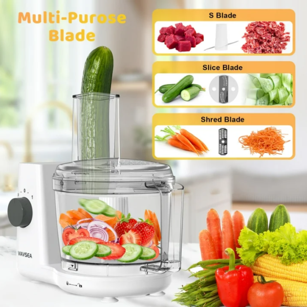 9078-3 VAVSEA 6 Cup Food Processor and Vegetable Chopper for Dicing, Chopping, Mincing, BPA Free, Stainless Steel Blades, White