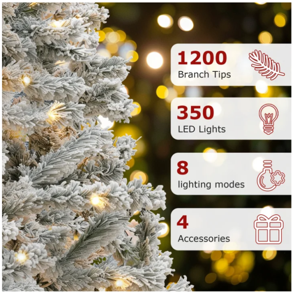 1-2 VAVSEA 7.5ft Pre Lit Snow Flocked Christmas Tree with Storage Bag, Fence, Tree Skirt, Hinged Artificial Xmas Tree with 350 Warm White Lights, 1200 Tips for Holiday Home Office Decoration