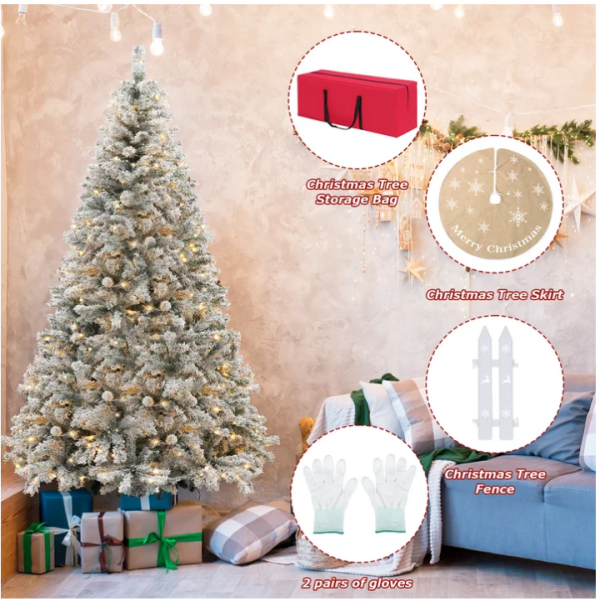 1-3 VAVSEA 7.5ft Pre Lit Snow Flocked Christmas Tree with Storage Bag, Fence, Tree Skirt, Hinged Artificial Xmas Tree with 350 Warm White Lights, 1200 Tips for Holiday Home Office Decoration