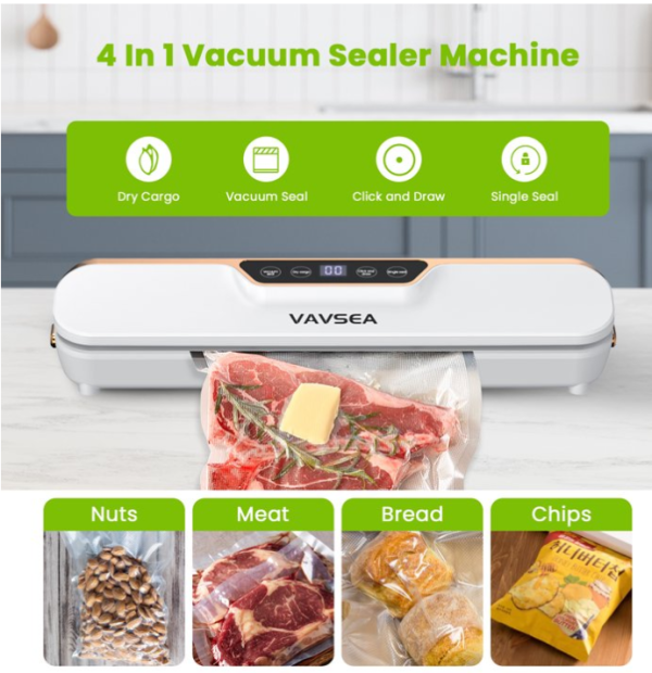 VAVSEA Vacuum Sealer, 62Kpa Food Sealer Machines with 4 Modes, Dry/Draw/Seal/Vac and 10Pcs Bags Starter Kit for Dry & Moist Food Storage Sous Vide for Kitchen