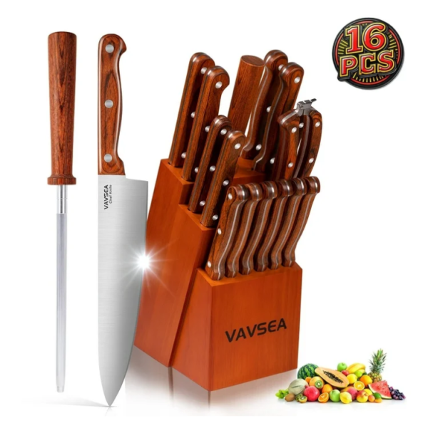 1 VAVSEA Knife Set, 16 Pcs Kitchen Knife Set with Block Walnut, Stainless Steel Knives for Home