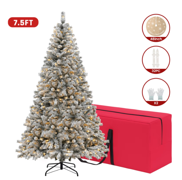 1 VAVSEA 7.5ft Pre Lit Snow Flocked Christmas Tree with Storage Bag, Fence, Tree Skirt, Hinged Artificial Xmas Tree with 350 Warm White Lights, 1200 Tips for Holiday Home Office Decoration
