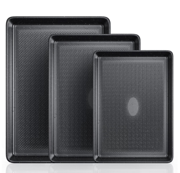 1 VAVSEA Cookie Sheet Set of 3, Speckled Baking Sheet Set with Square Texture Pattern, Carbon Steel Heavy Nonstick Sheet Pan Set for Oven, Size 17.4/15/13.4 Inch
