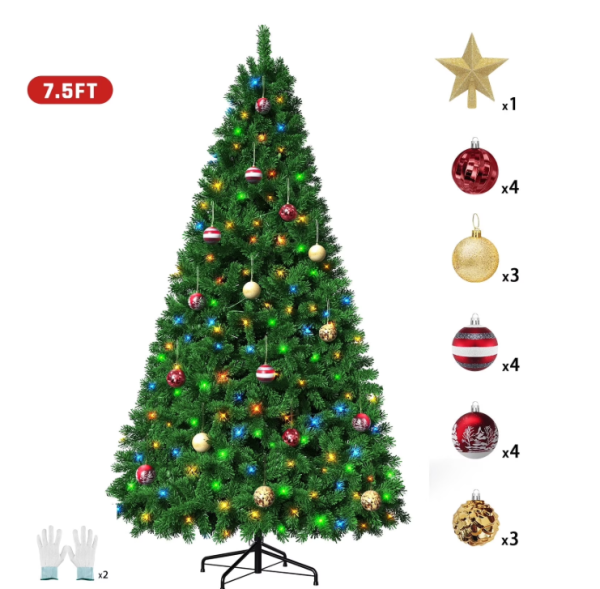 2 VAVSEA 7.5ft Pre-Lit Artificial Christmas Trees with 18pcs Christmas Ball, Xmas Tree with 1500 PVC Branch Tips & 380 Multicolor Lights for Holiday Party, Home, Office Decoration