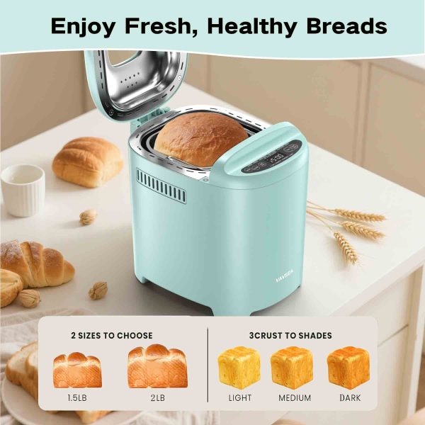 2 VAVSEA Bread Maker, 2LB Automatic Bread Machine with Gluten-Free, Dough, Cake Setting, Nonstick Ceramic Pan for Homemade Bread, Green
