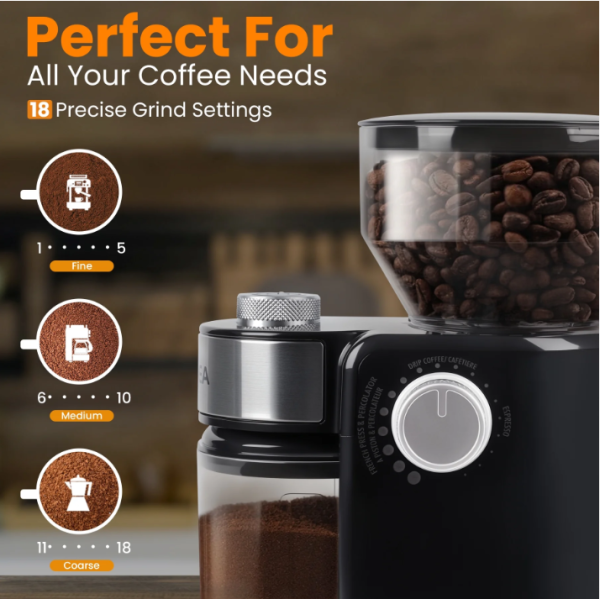2 VAVSEA Burr Coffee Grinder, Electric Coffee Bean Grinder with 18 Precise Grind Settings, 3-18 Cup, for Espresso/Drip/Pour over/Cold Brew/French Press
