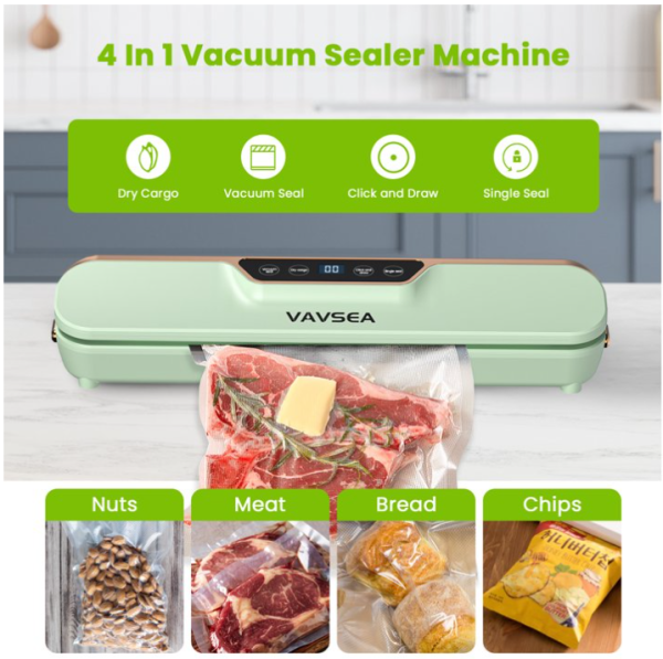 VAVSEA Vacuum Sealer, 62Kpa Food Sealer Machines with 4 Modes, Dry/Draw/Seal/Vac and 10Pcs Bags Starter Kit for Dry & Moist Food Storage Sous Vide for Kitchen, Green