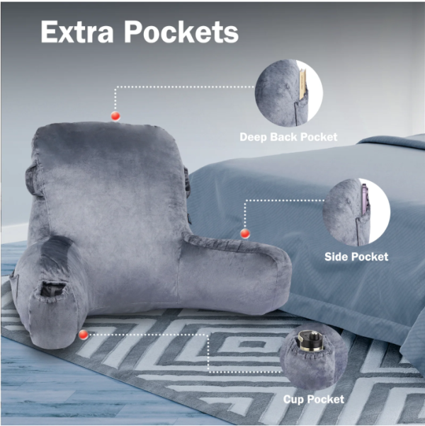 3 VAVSEA Reading Pillow, Extra Large 31" Backrest Pillow with Arms, Back Pillow with Detachable Neck Roll, 4 Pockets for Watching TV, Bed Rest, Reading, Gaming