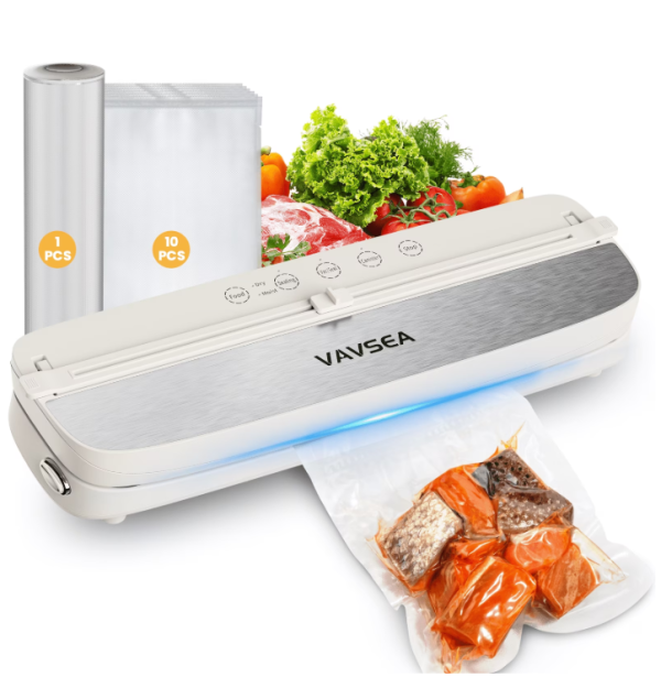 VAVSEA 75Kpa Vacuum Sealer Machine with Built-in 2 Cutters, Food Vacuum Sealer with 1 Roll Bag & 10Pcs Bags and 6 Modes, Suitable for Sous Vide and Seal Food Storage