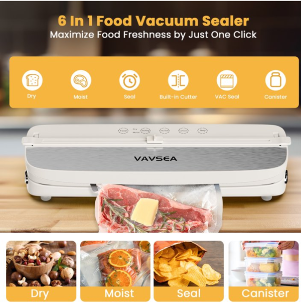 VAVSEA 75Kpa Vacuum Sealer Machine with Built-in 2 Cutters, Food Vacuum Sealer with 1 Roll Bag & 10Pcs Bags and 6 Modes, Suitable for Sous Vide and Seal Food Storage